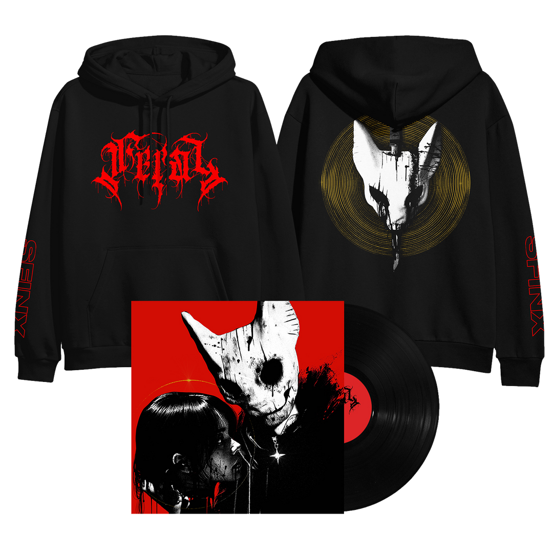 A black SFINX pullover sweatshirt with red gothic graphics on front, sleeves, and back comes with a vinyl record featuring cover art of a white mask and person on a vivid red background.