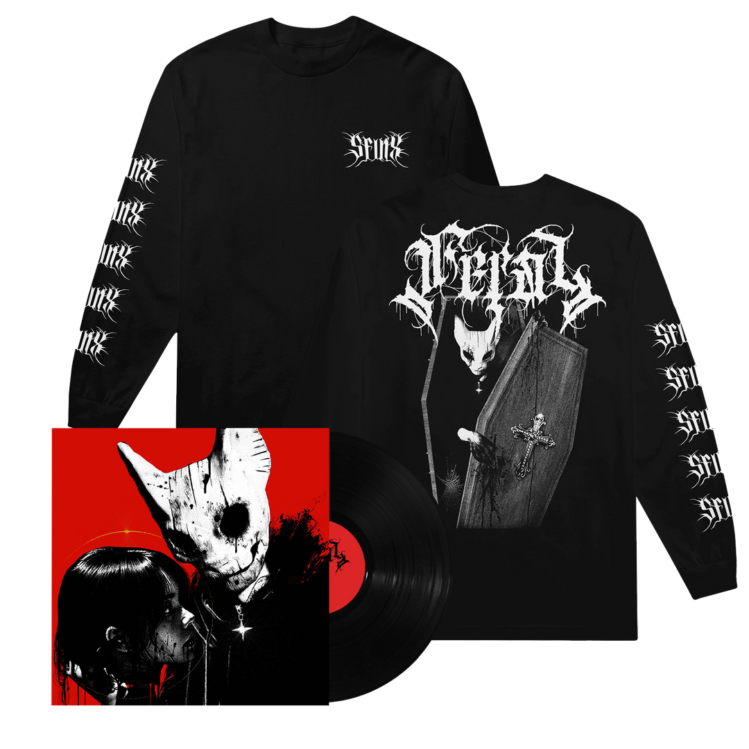 A SFINX Hammer long sleeve black shirt with white gothic graphics and tracklist text on the sleeves and back, shown next to a black vinyl record with a red cover featuring a masked figure facing another person.