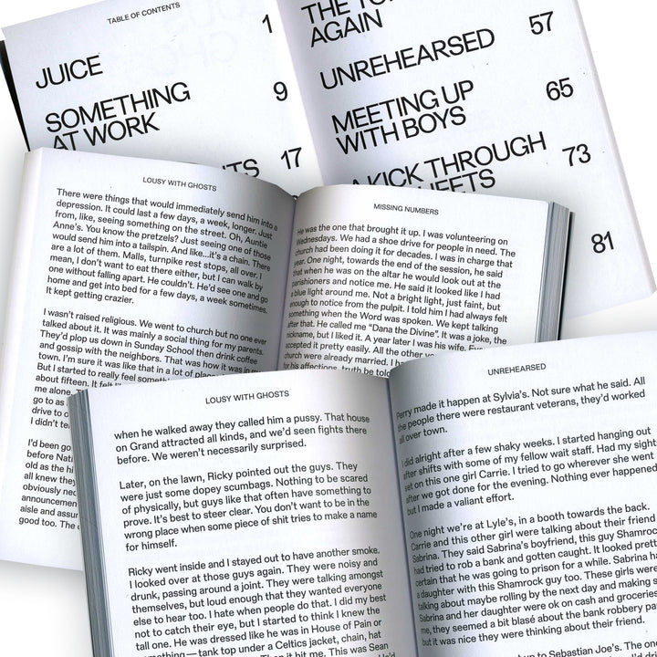 Four open books overlap, revealing black text on white pages. Two pages list the table of contents with titles and page numbers; others show Craig Finns narrative fiction passages, including headings like LOUSY WITH GHOSTS and UNREHEARSED. Brand: Craig Finn.