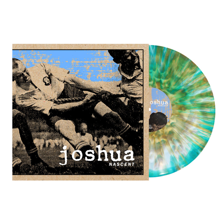 A blue, green, and white marbled vinyl record by Joshua is partially out of its sleeve. The screen-printed foldover sleeve features a vintage soccer photo with Joshua and NASCENT on the cover.