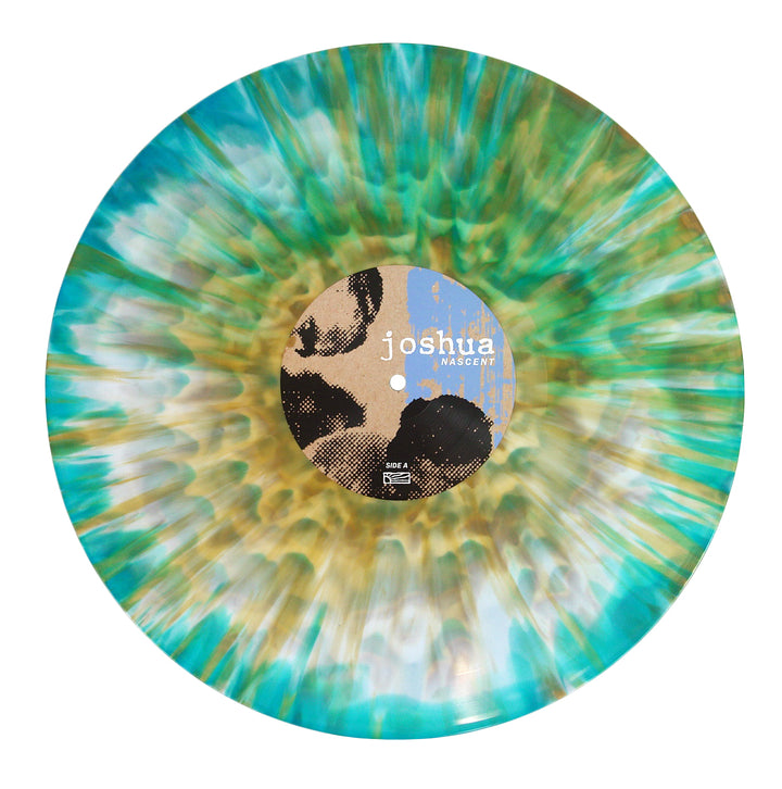 A marbled teal, green, gold, and white vinyl record radiates from the center label—“Joshua” in lowercase—and comes in a crystal clear polypropylene sleeve for striking display.
