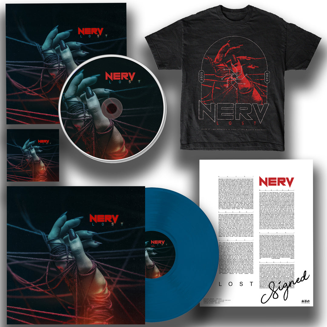 The Nerv LOST album merch bundle includes a Blue Vinyl LP, CD, robotic hand cover art, two stickers, a black T-shirt with the same design, and a signed lyric sheet.
