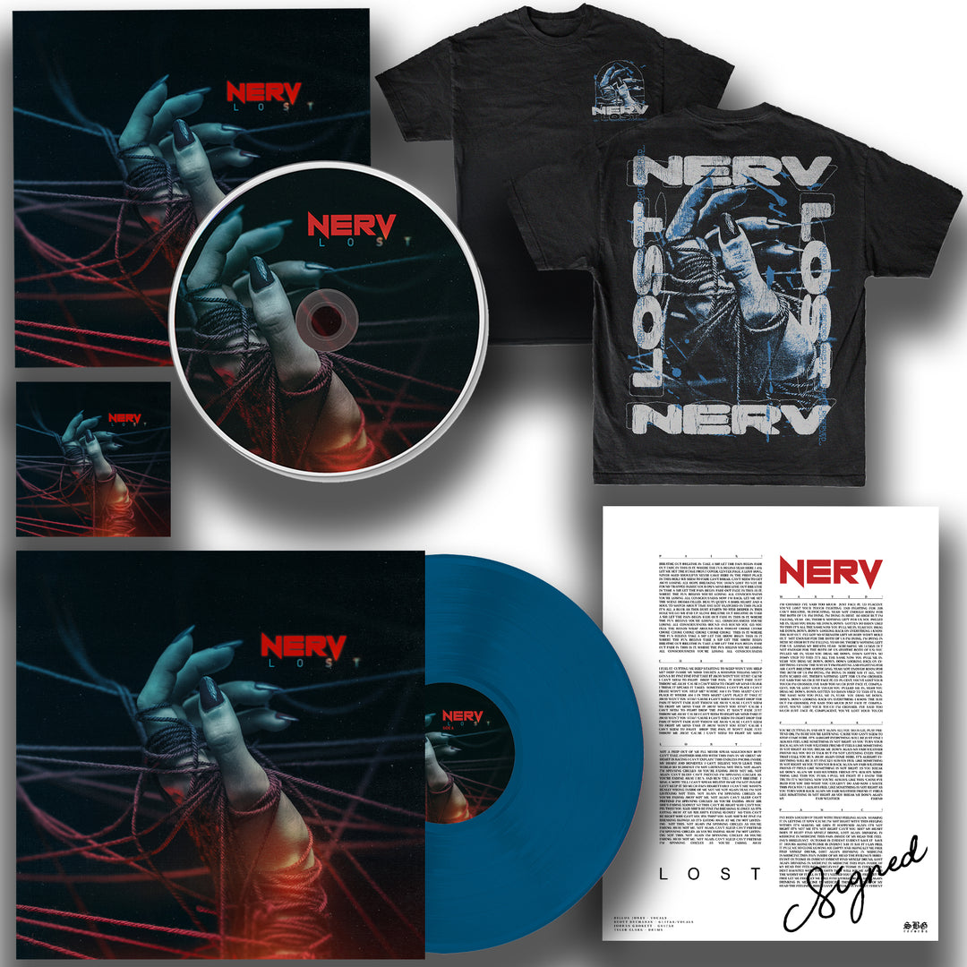 Nerv merch bundle with Lost album Blue Vinyl LP, CD, cover art of a hand gripping red threads, two shirts featuring album design, a signed lyric sheet, and a signed card.