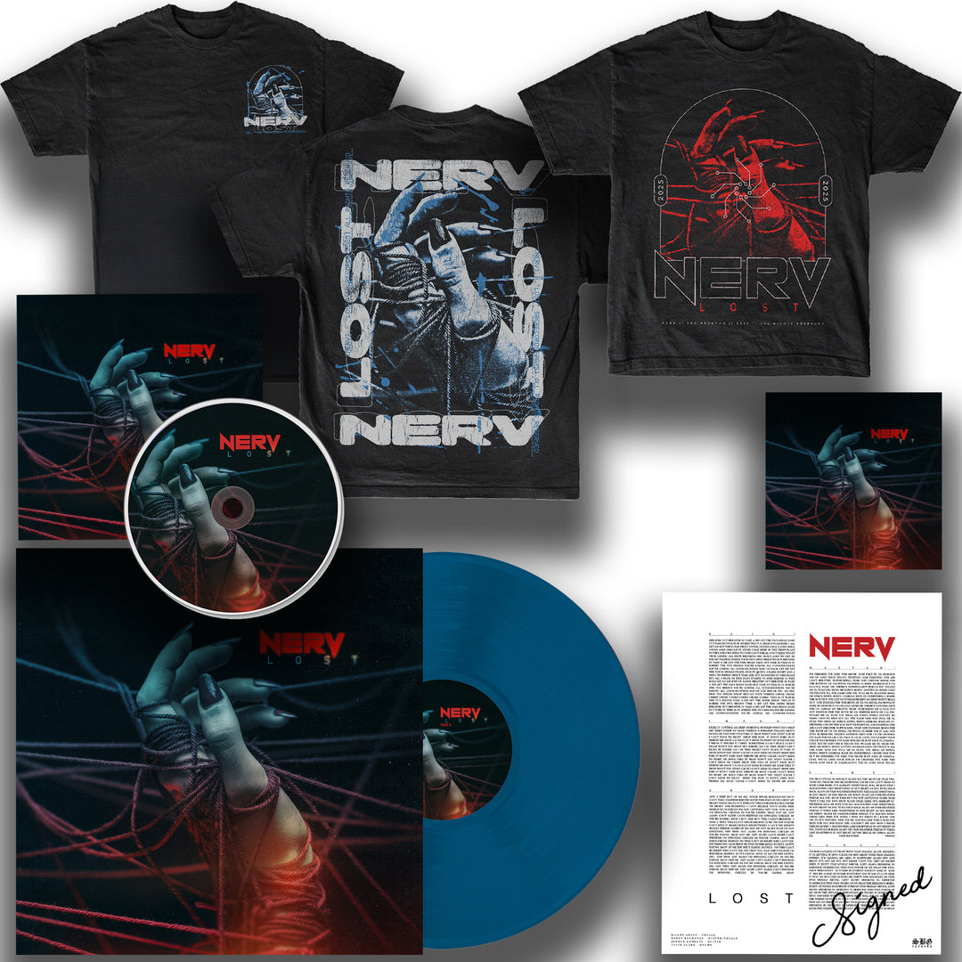 Nerv “LOST” merch bundle: 2 T-shirts, LOST! blue vinyl, CD, album art (gloved hands & wires), lyric booklet, signed letter, and full album digital download.