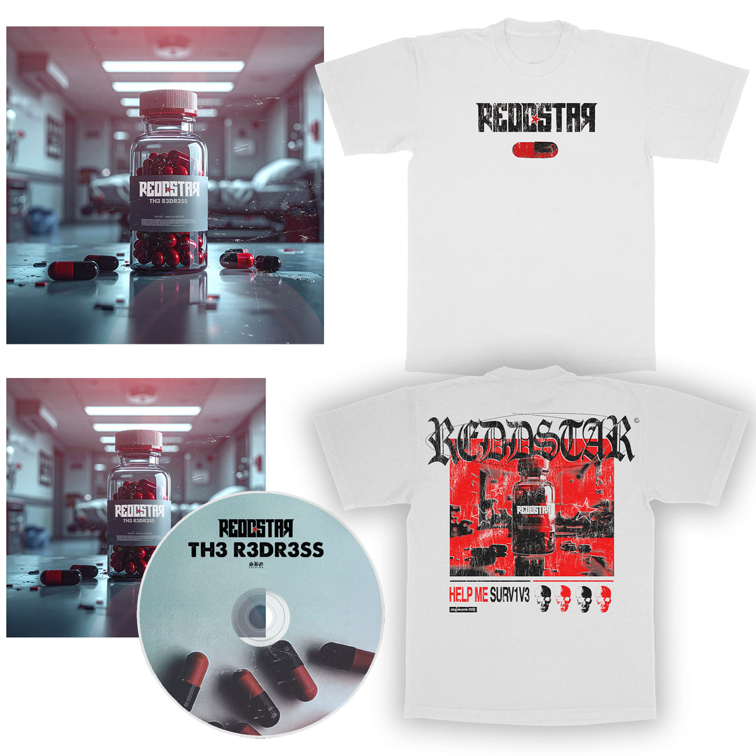 The REDDSTAR merch set includes an Album Art T-Shirt, a TH3 R3DR3SS CD, and cover art—each showing a pill bottle labeled Redstar with red-black capsules in a clinical room. Shirt and CD have matching pill and bottle designs.