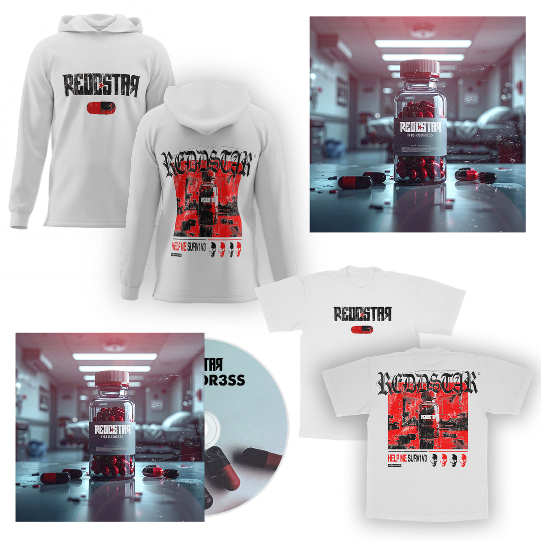 A REDDSTAR merch set featuring a hoodie, Album Art White T-shirt, TH3 R3DR3SS CD, and medical-themed posters with pill bottle, capsules, and bold REDDSTAR text on a clinical background.