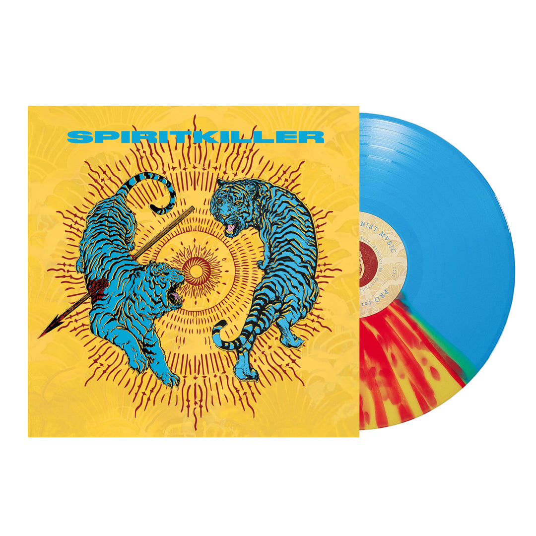 A blue Spiritkiller vinyl peeks from a yellow cover with two blue tigers circling amid sunbursts; SPIRITKILLER is boldly printed at the top, highlighting the hardcore bands brand name.