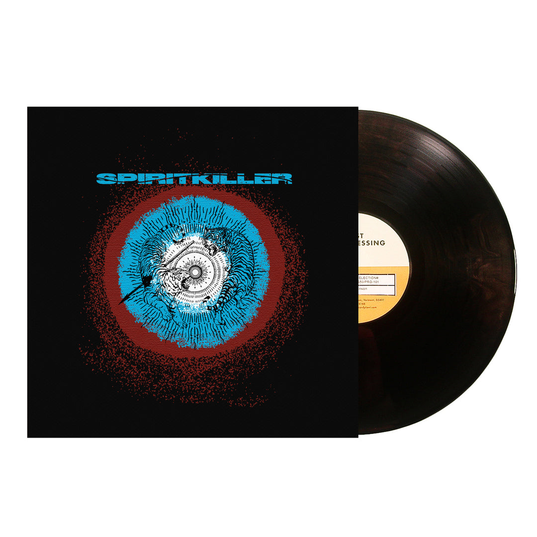 A 12” vinyl record by Spiritkiller partially pulled from a black sleeve with blue and red abstract artwork. SPIRITKILLER is in bold blue text at the top; the record label features striking black and yellow text.