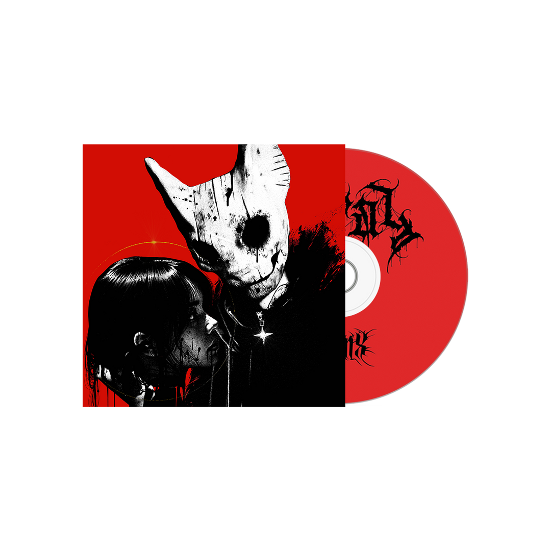 A SFINX CD and case featuring dark, stylized art: a short-haired person faces a menacing, tall figure in a cracked, horned white mask on a vivid red background. The solid red CD displays bold black text.