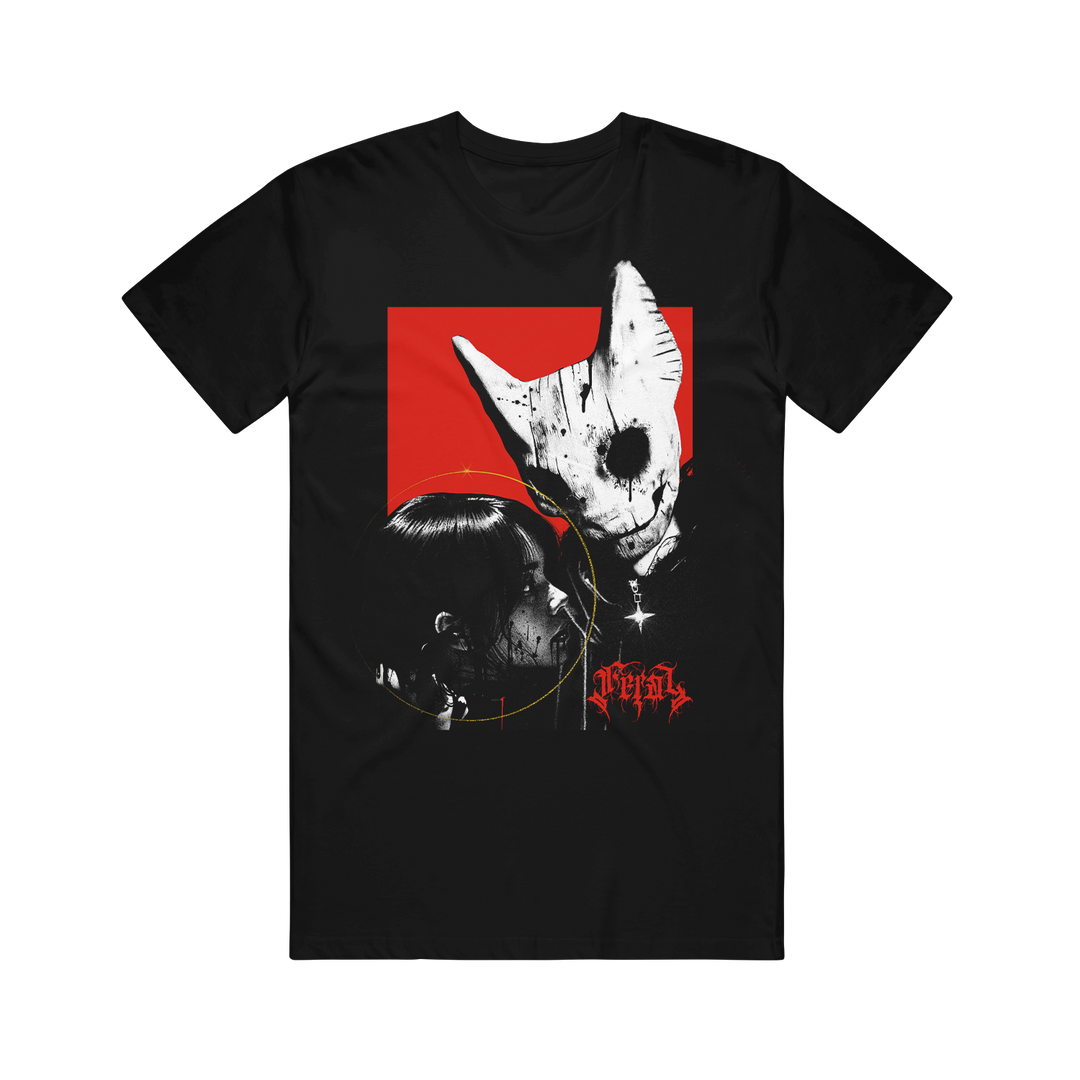 SFINX black T-shirt in a modern classic fit, crafted from soft ring-spun cotton, features a graphic of a woman facing a figure in a distressed white animal mask on red, with grunge textures and gothic text below.