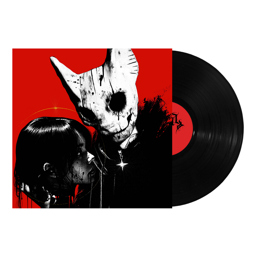 A vinyl record by SFINX partially slides out of its sleeve, which displays stylized artwork of a person leaning against a feral figure in a white animal-like mask, all set against a striking solid red background.