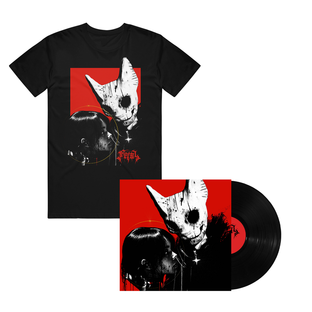 A black SFINX Gildan Hammer T-shirt and vinyl cover display gothic-style art of a masked, animal-like figure facing a person with short black hair on red—ideal for any printed music tee collection.