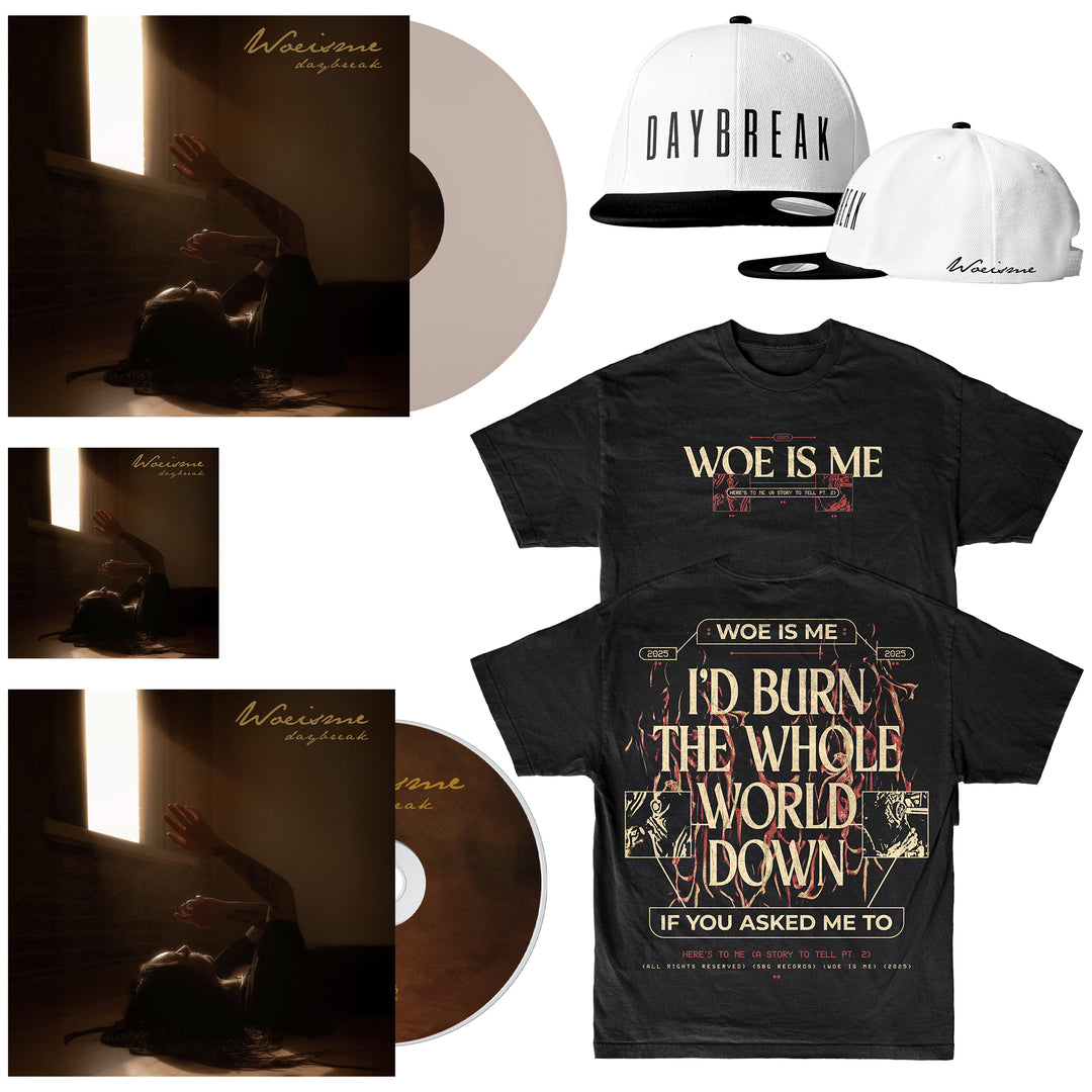 A Woe, Is Me Daybreak album bundle featuring a Gold Vinyl LP, CD, two T-shirts, DAYBREAK cap, digital album download, and cover art showing a person reaching toward sunlight through a window.