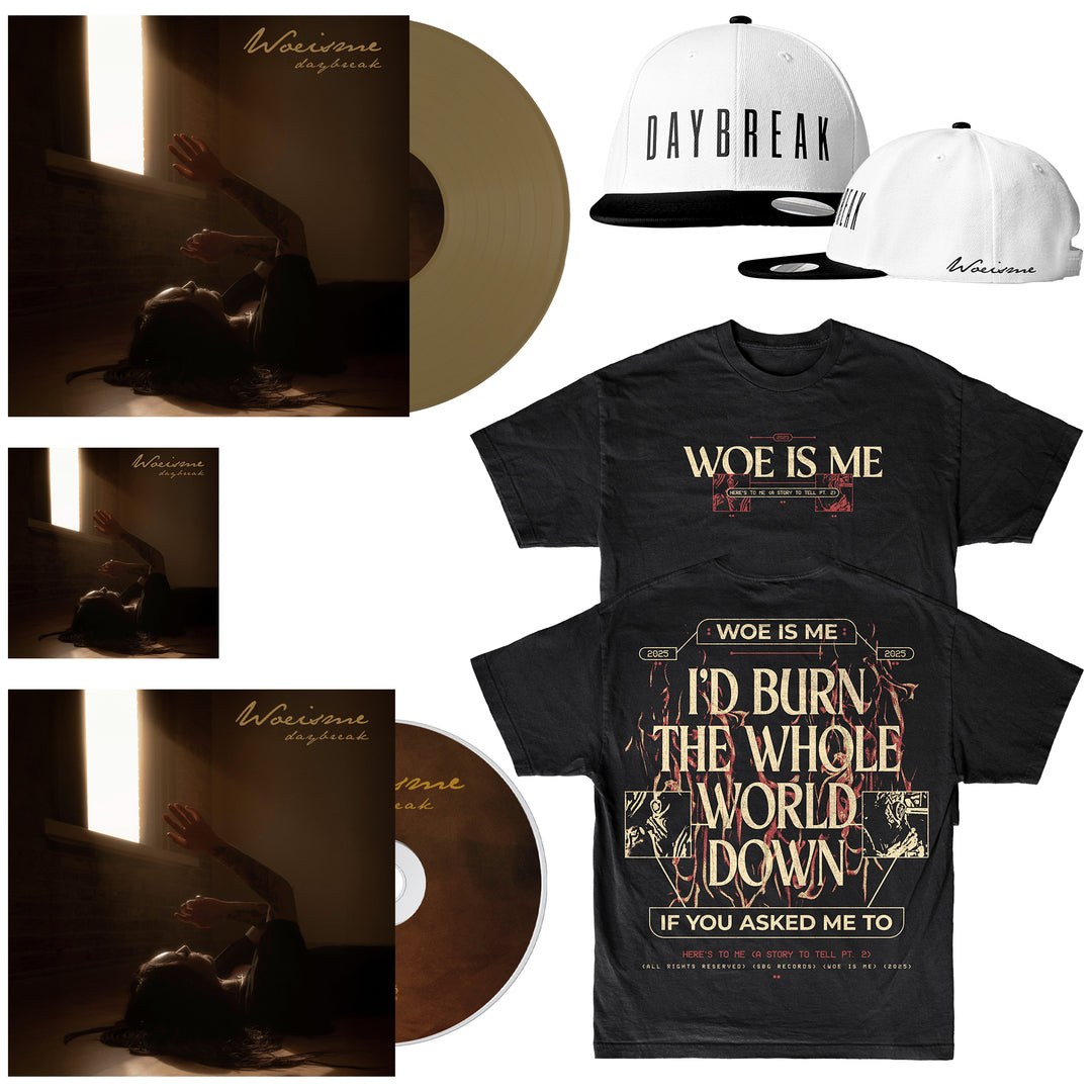 A Woe, Is Me Daybreak bundle with a gold vinyl, Bone Vinyl LP, CD, album art T-shirt, two snapback hats, and an album cover showing a person reaching for light from a window.