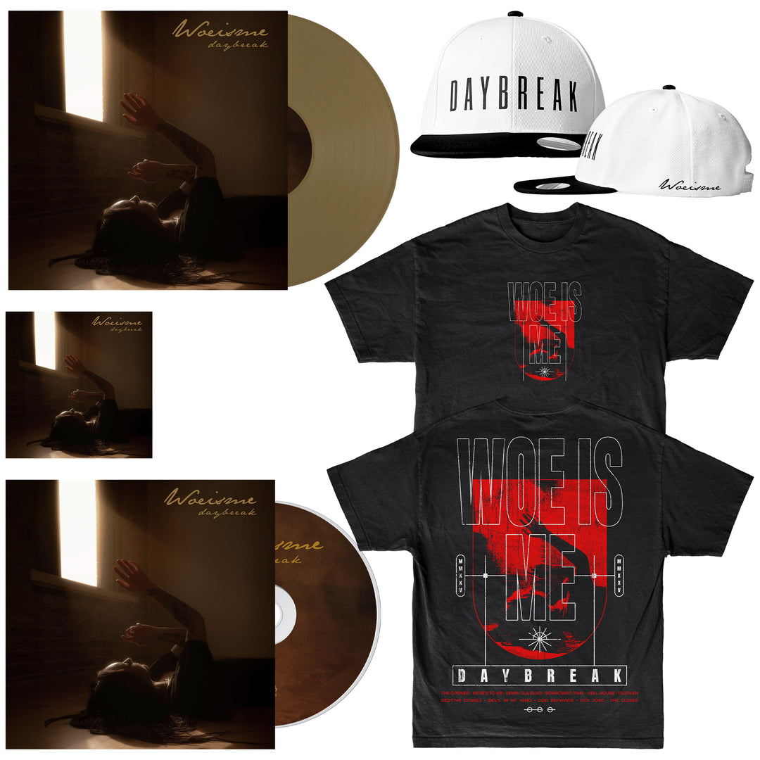 The Woe Is Me merch bundle includes a Gold Vinyl LP, CD, black T-shirt with red and white Daybreak design, white and black Daybreak snapback hat, digital download, and an album cover showing someone lying by a sunlit window.