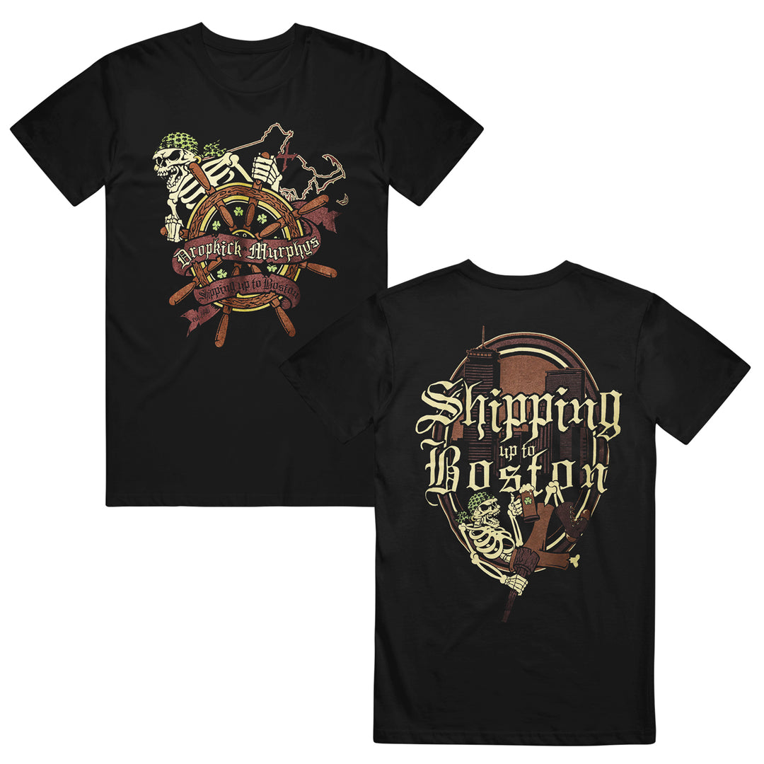 Dropkick Murphys black t-shirt featuring a skeleton pirate and ship wheel graphic with the band’s name on the front. The back displays a ship wheel, skeleton hand, and Shipping up to Boston text.