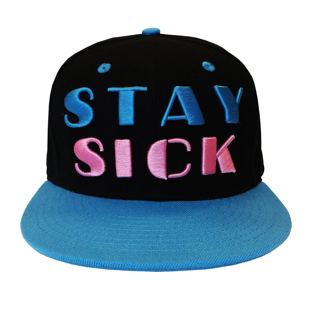 The Stay Sick Clothing Vice Blue Snapback features a black crown, light blue brim, and vibrant blue and pink STAY SICK embroidery on the front.