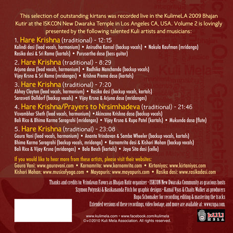 The back cover of this Mantralogy music CD lists uplifting kirtans, track details, artists, and credits on a brown background. “Hare Krishna” and other ISKCON Bhajan Kutir bhajans are highlighted in yellow and white text with the Kulimela logo below.
