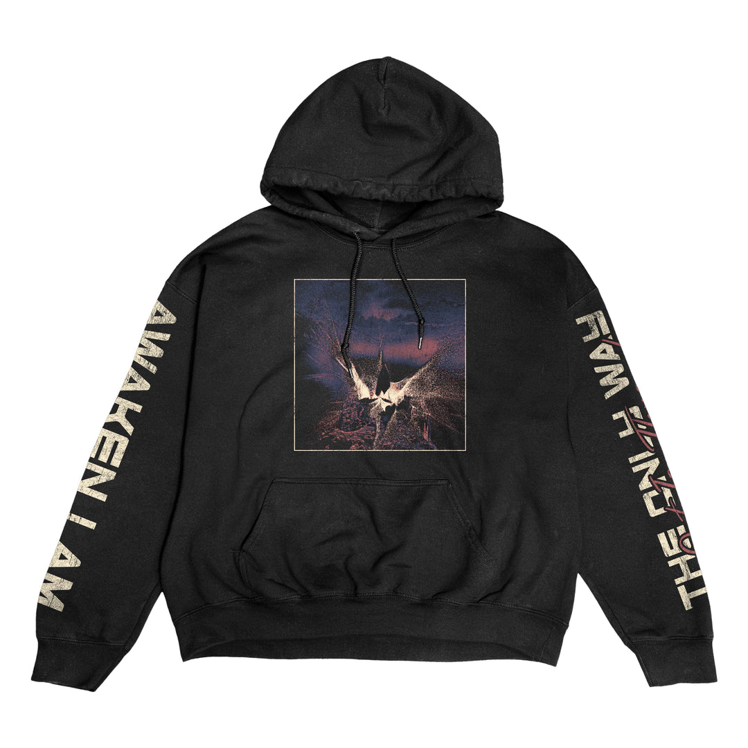 Awaken I Am black hoodie features a graphic of two hands reaching upward on the front. Left sleeve has AWAKEN I AM and right sleeve THE ENEMY WITHIN in bold, light-colored text.