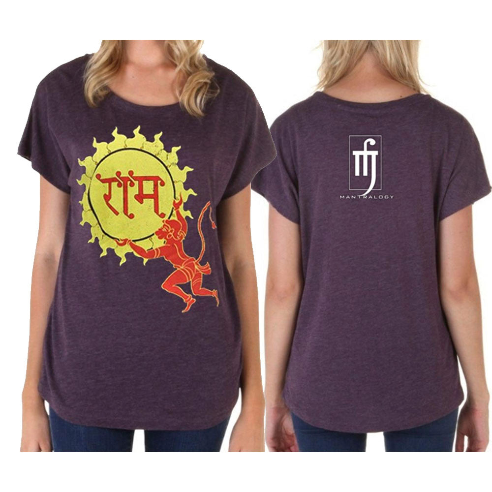 Front and back view of a woman wearing a purple Mantralogy T-shirt with a yellow Hanuman graphic and the word राम (Ram) in Hindi on the front, and a white Mantralogy logo on the back.