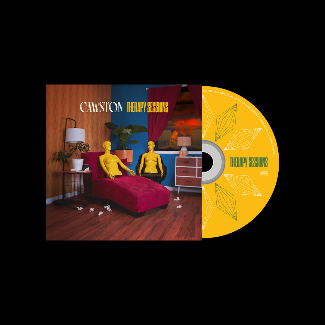 Therapy Sessions album cover by Cawston features two yellow mannequins on red furniture in a retro room with tissues on the floor. A yellow CD with a flower design is visible. Also available as a Full Album Digital Download. Brand: Cawston.