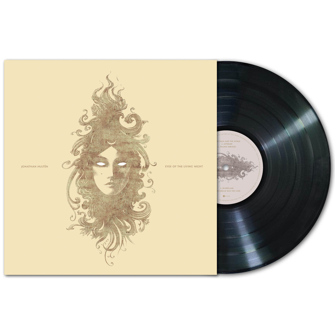 A vinyl record partially slides out of its cover, which displays an intricate, mystical face with glowing eyes amid swirling patterns. The text reads Jonathan Hultén (Brand Name) and Eyes Of The Living Night.