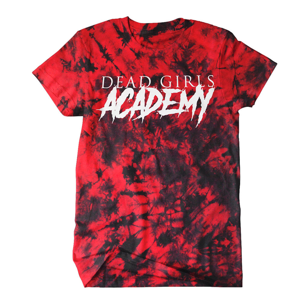 A red and black tie-dye T-shirt from Dead Girls Academy featuring the bands name in bold, white distressed lettering on the front.