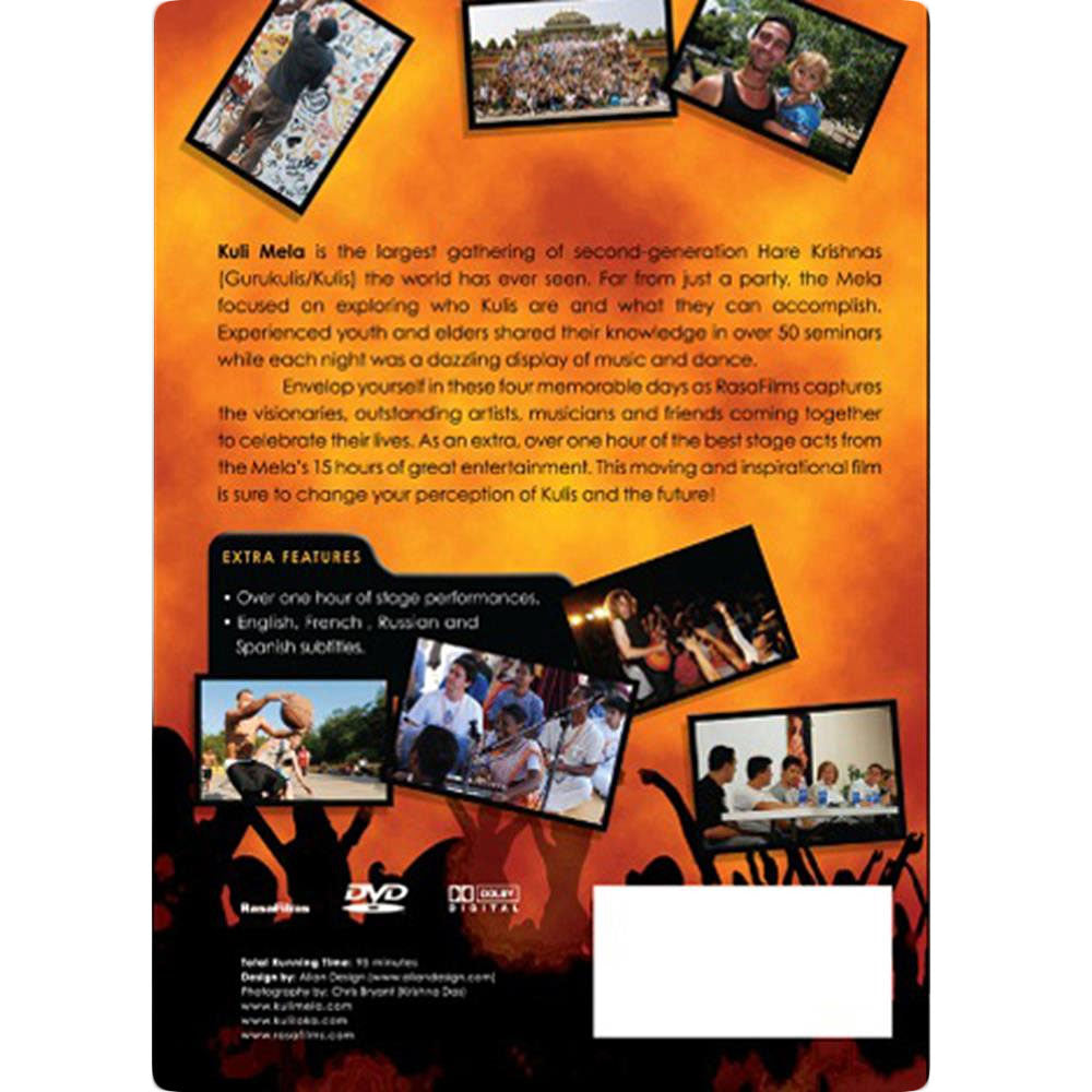 The image shows the back cover of the Mantralogy DVD Kuli Mela, featuring photos of crowds, dancers, and a band. The text highlights a celebration of Gurukulis—second-generation Hare Krishnas—and lists special features.