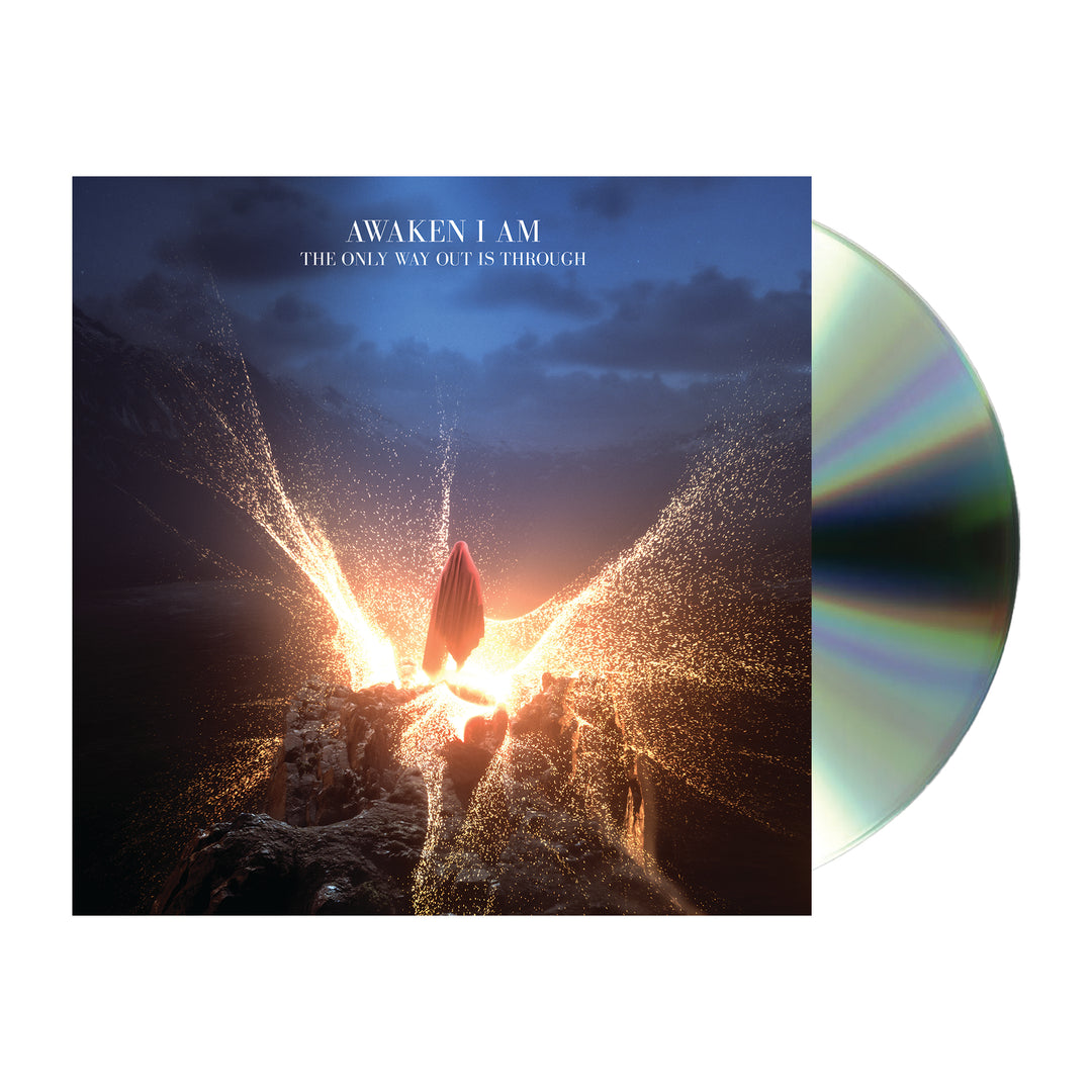 CD cover for Awaken I Ams The Only Way Out Is Through features a figure in a red cloak atop a rocky peak with bursts of light under dark clouds. Full album digital download available on release, June 27th, 2025.