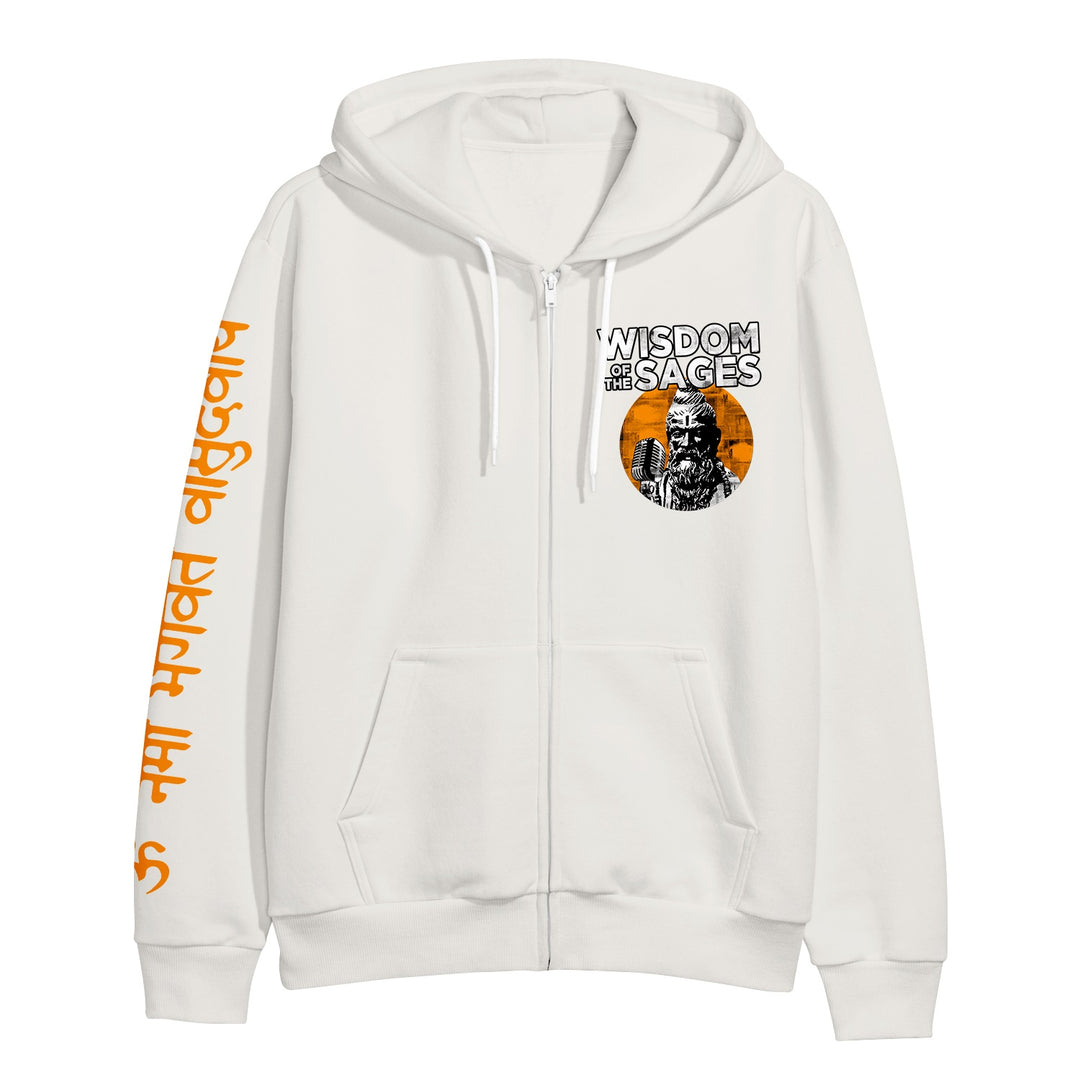 Wisdom of the Sages white pre-shrunk zip-up hoodie, featuring a small bearded figure graphic, Wisdom of the Sages text, orange accents, unisex sizing, and bold orange lettering vertically on the right sleeve.