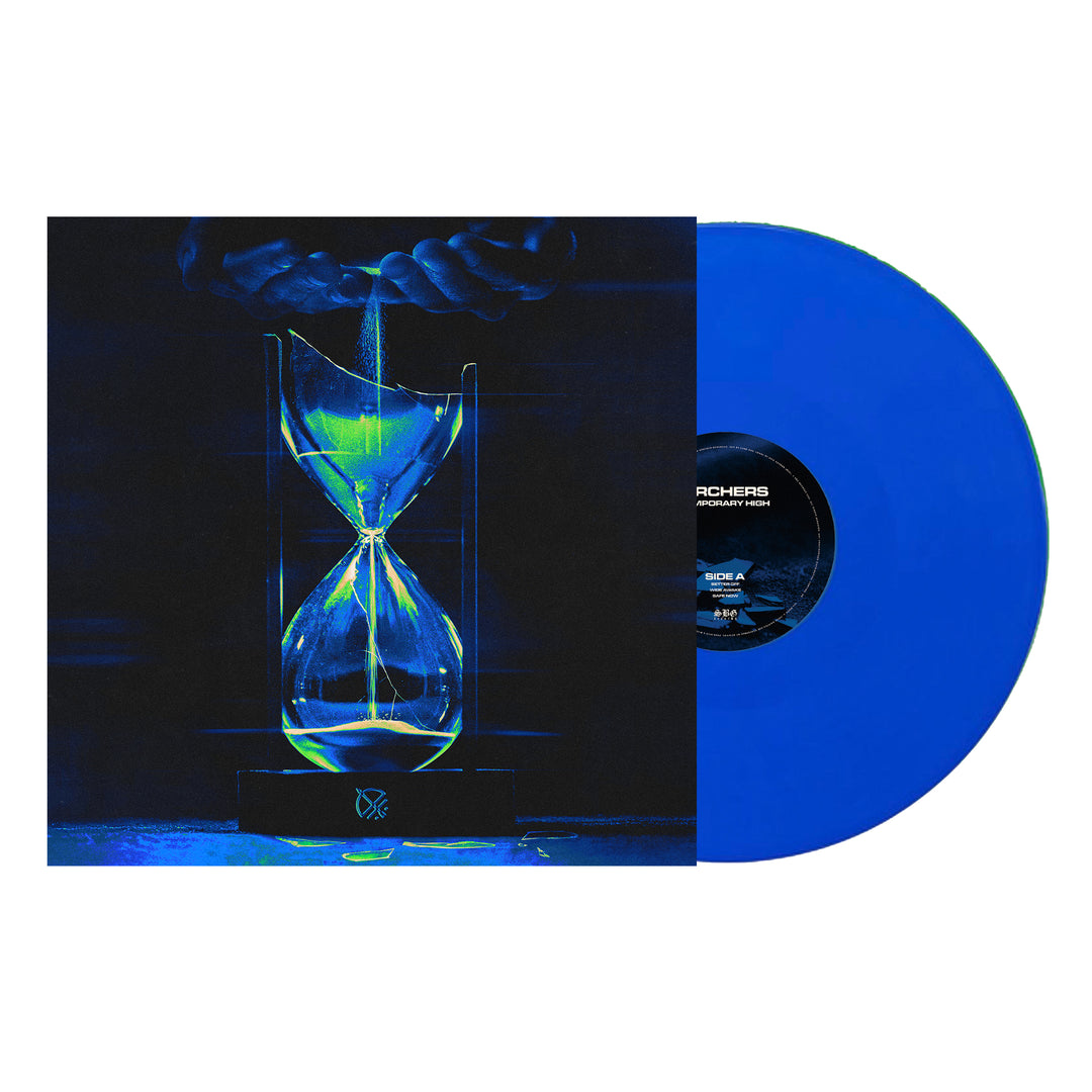 Archers Temporary High Blue Vinyl edition, a blue vinyl record, is partially out of its cover featuring glowing blue sand pouring through an hourglass held by two hands on a dark background.