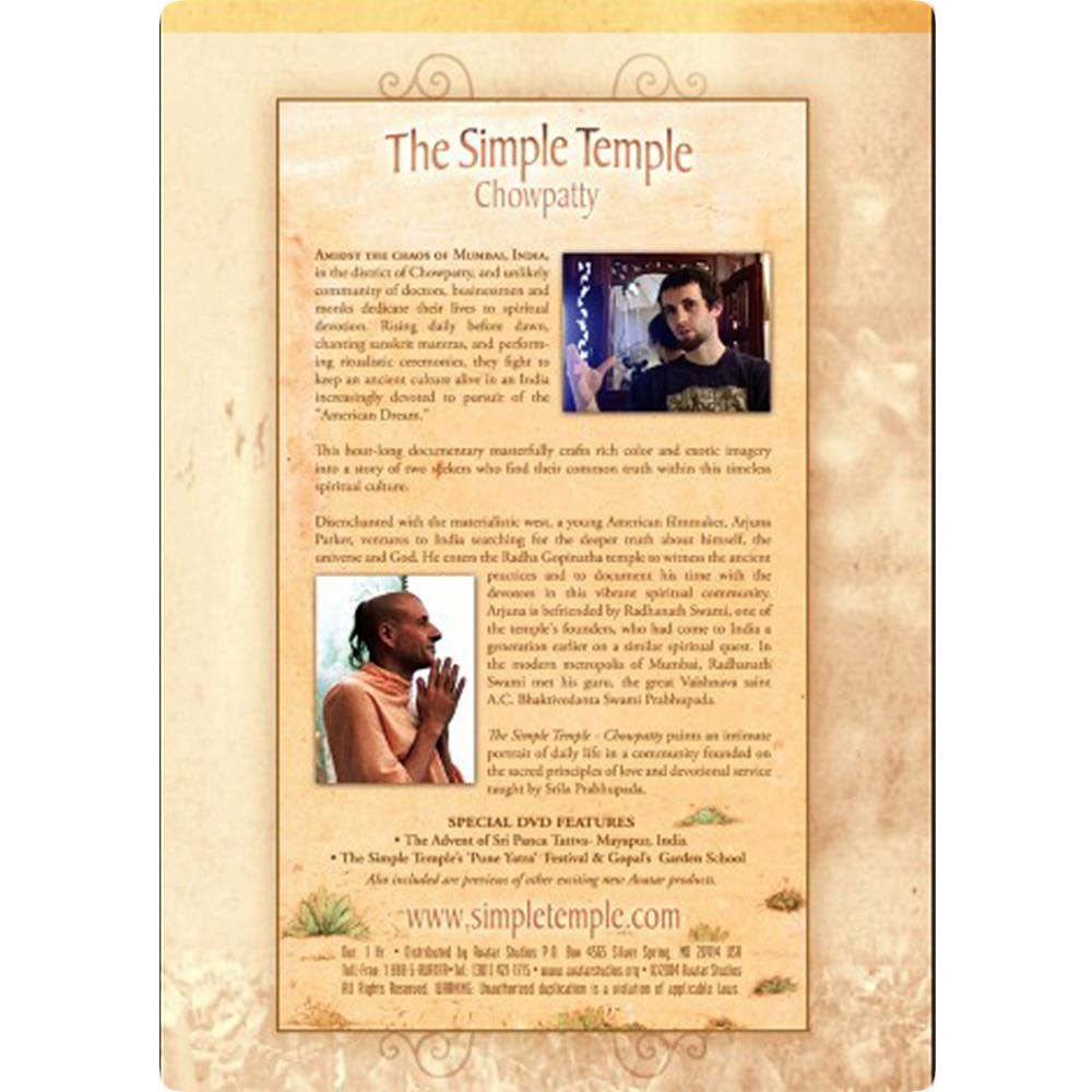 A Mantralogy documentary film cover titled The Simple Temple: Chowpatty, with photos of a man praying and another speaking, on a parchment background, featuring Mumbais Radha Gopinatha temple and its ancient spiritual practices.