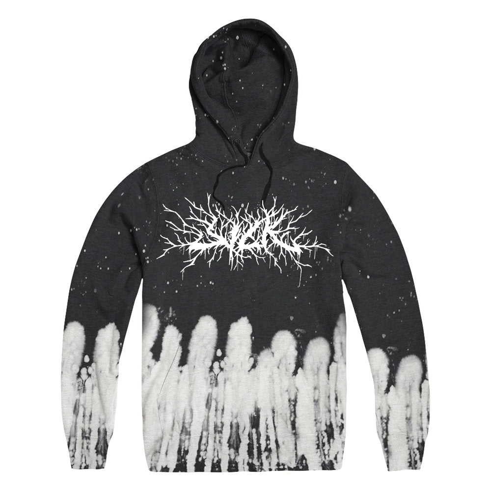 Stay Sick Clothing black hoodie featuring white paint splatter and speckles, with a bold, spiky Death Metal logo across the chest—a custom bleach design perfect for hardcore fans.