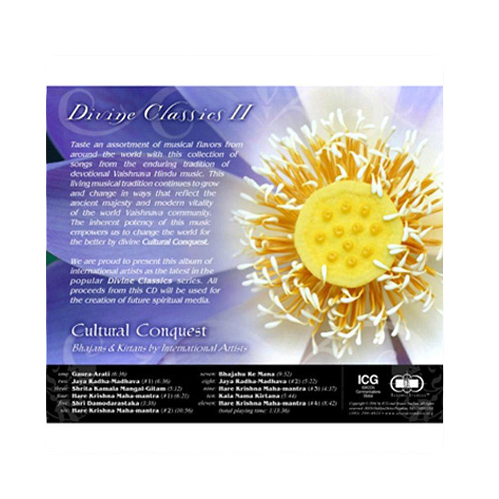 The Divine Classics II: Cultural Conquest album cover by Mantralogy shows a close-up of a yellow and white flower on purple, with white text for this Vaishnava Hindu music release from the acclaimed Divine Classics series.