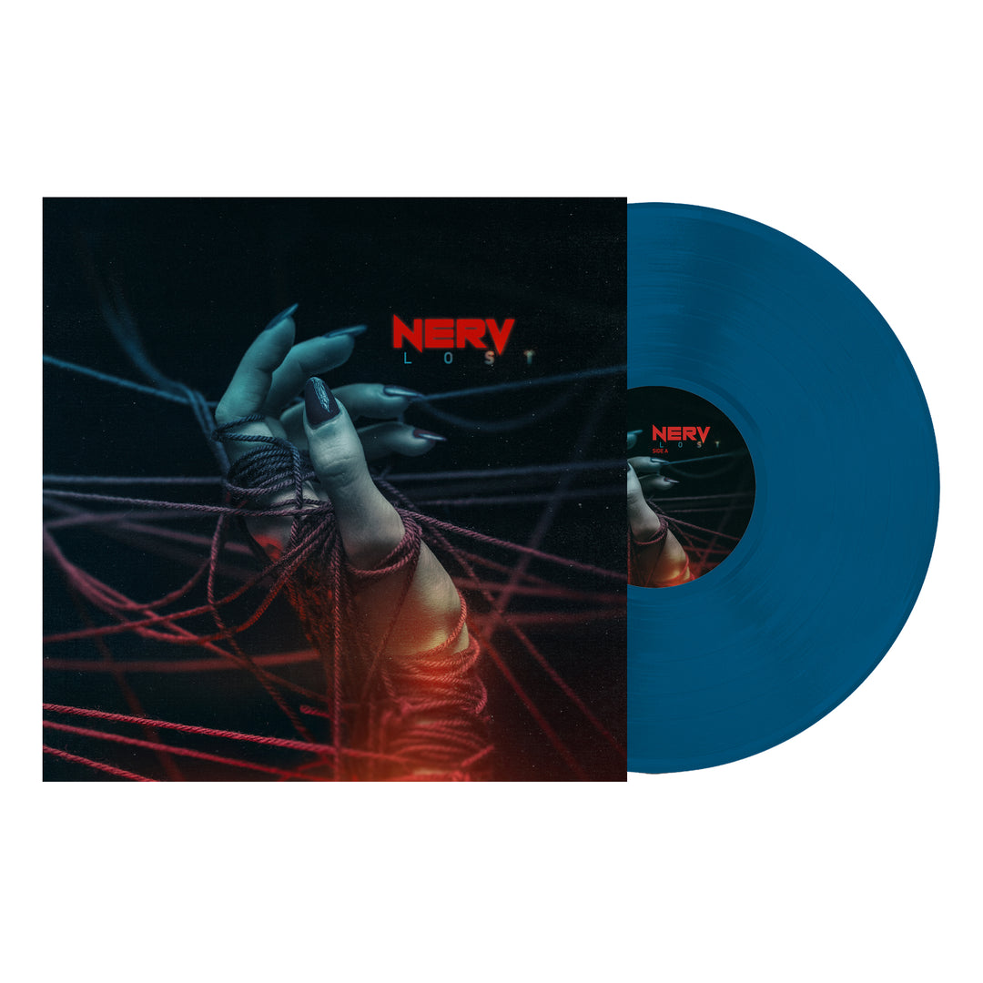A blue vinyl LP by Nerv rests next to its cover, featuring a hand tangled in red string on a dark background, with Nerv and Lost! EP in bold red and white above the hand.