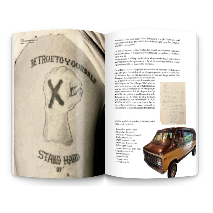 An open book displays a fist tattoo with an X and BE TRUE TO YOURSELF STAND HARD 87 on the left, and text about CIV’s Break Down The Walls tour, a brown van, plus a handwritten note on the right page.
