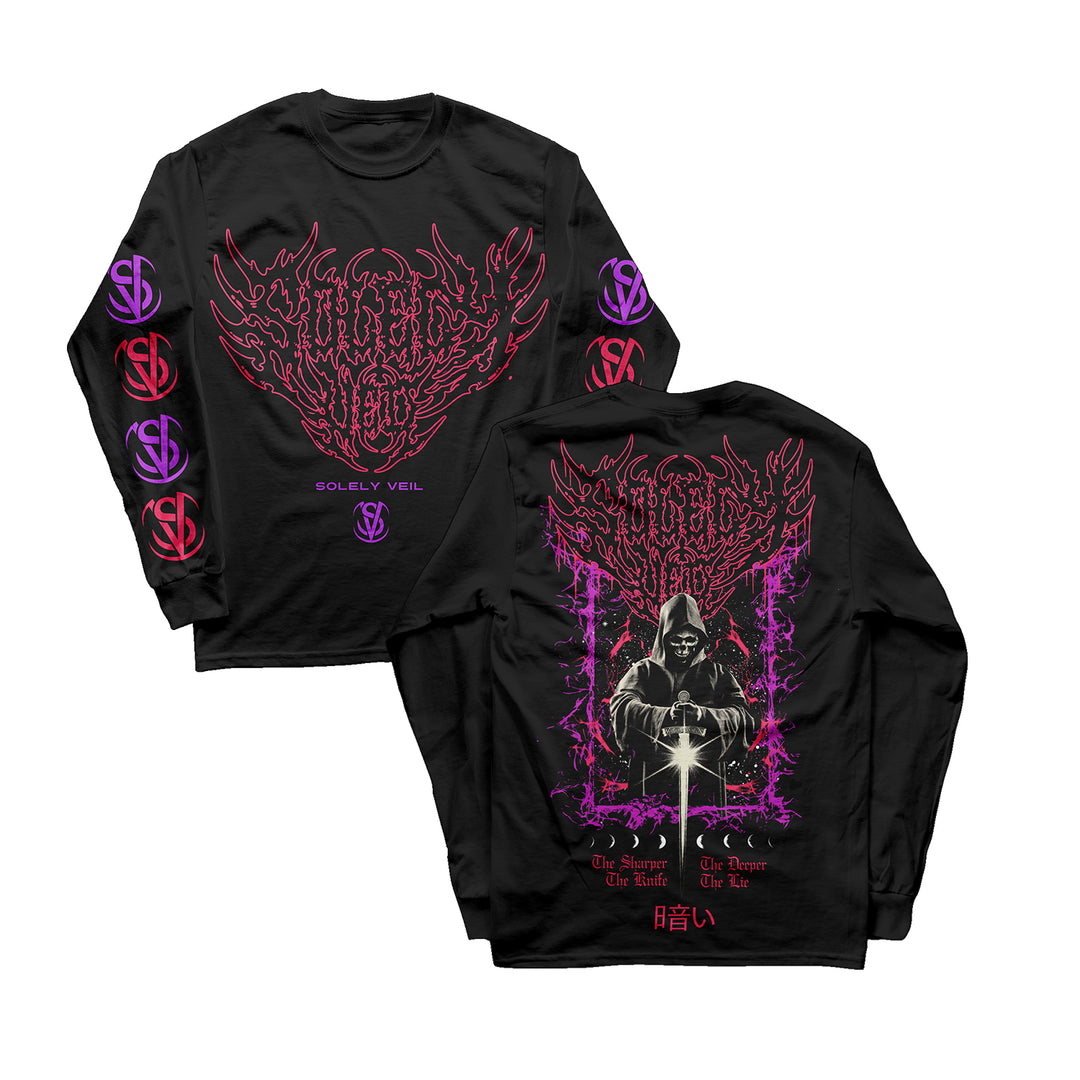 Two black Solely Veil long sleeves feature bold pink and purple graphics. The front has a flaming logo and Solely Veil, while the back shows a hooded figure with a sword, lightning, and the words: The Horror The Suffering The Hatred The War.