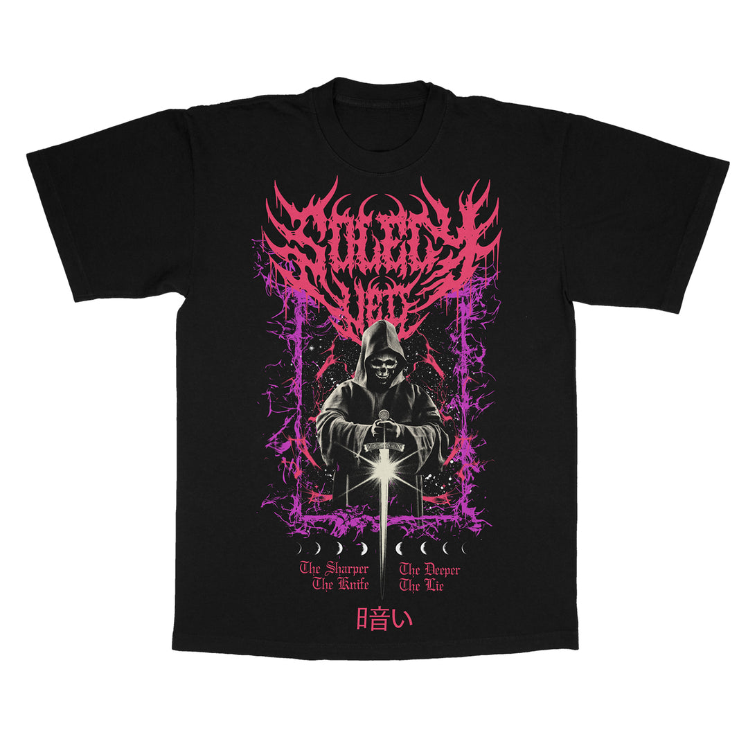 Black Solely Veil Softstyle t-shirt with a hooded skeleton holding a sword amid purple lightning. Suicide is at the top, with The Sharper The Knife The Deeper The Lie and Japanese text below.