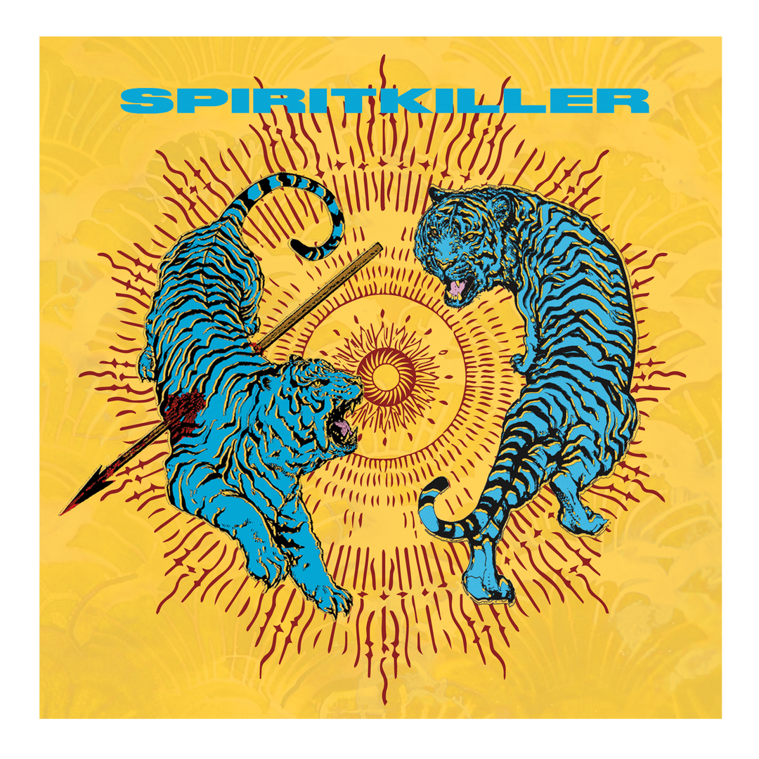 Two blue tigers with black stripes face off over a sunburst on yellow, radiating energy. One is pierced by a spear. Spiritkiller is boldly displayed in blue at the top, highlighting the brand’s fierce and dynamic style.