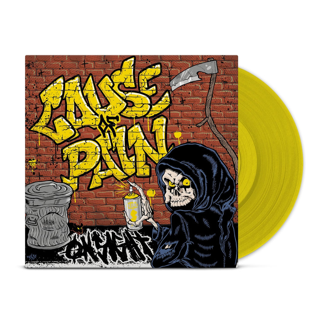 A yellow vinyl from On Sight features cover art of a hooded skeleton spray-painting “CAUSE PAIN” on a brick wall, with tracks Dead Ends and Fire And Ice, plus a trash can and scythe nearby.