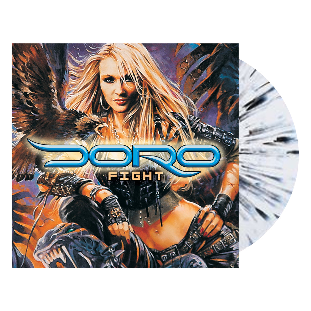 Album cover for Doro Fight by Doro shows a blonde woman in leather and armor with an eagle, bold blue Doro Fight text, and a marbled vinyl partially visible—evoking the Legends Never Die spirit.