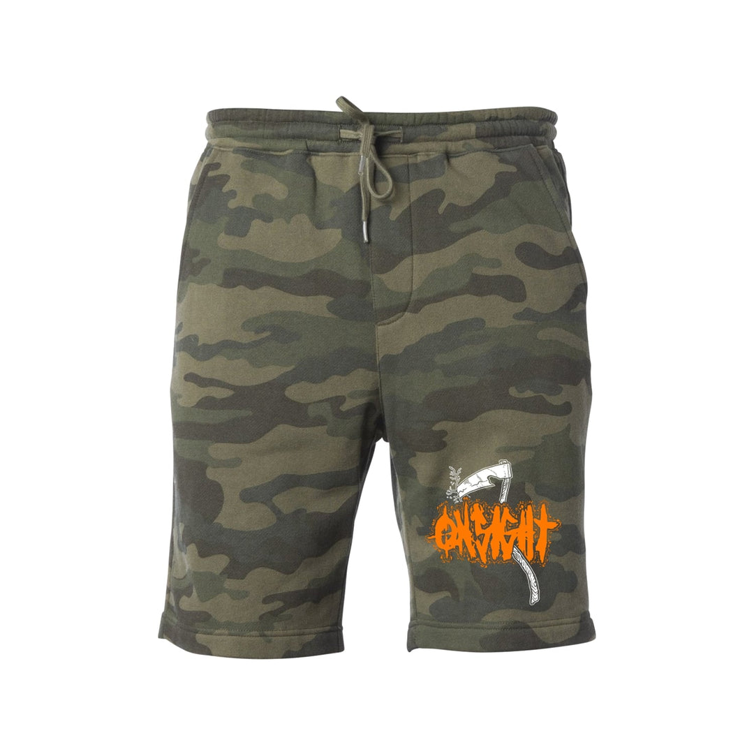 On Sight Camo Fleece Shorts feature a cotton face and elastic drawstring waistband. An orange graffiti-style graphic with white accents decorates the left leg. Enjoy a relaxed fit for easy, casual style.