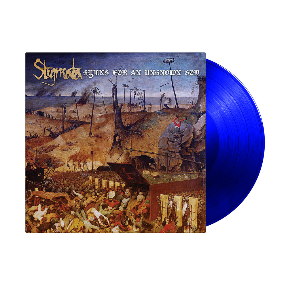 A blue vinyl record slides out of its album cover for Hymns for an Unknown God by Stigmata. The cover displays Nothing But Enemies, a chaotic, medieval-style painting showing people and strange structures in a barren landscape.