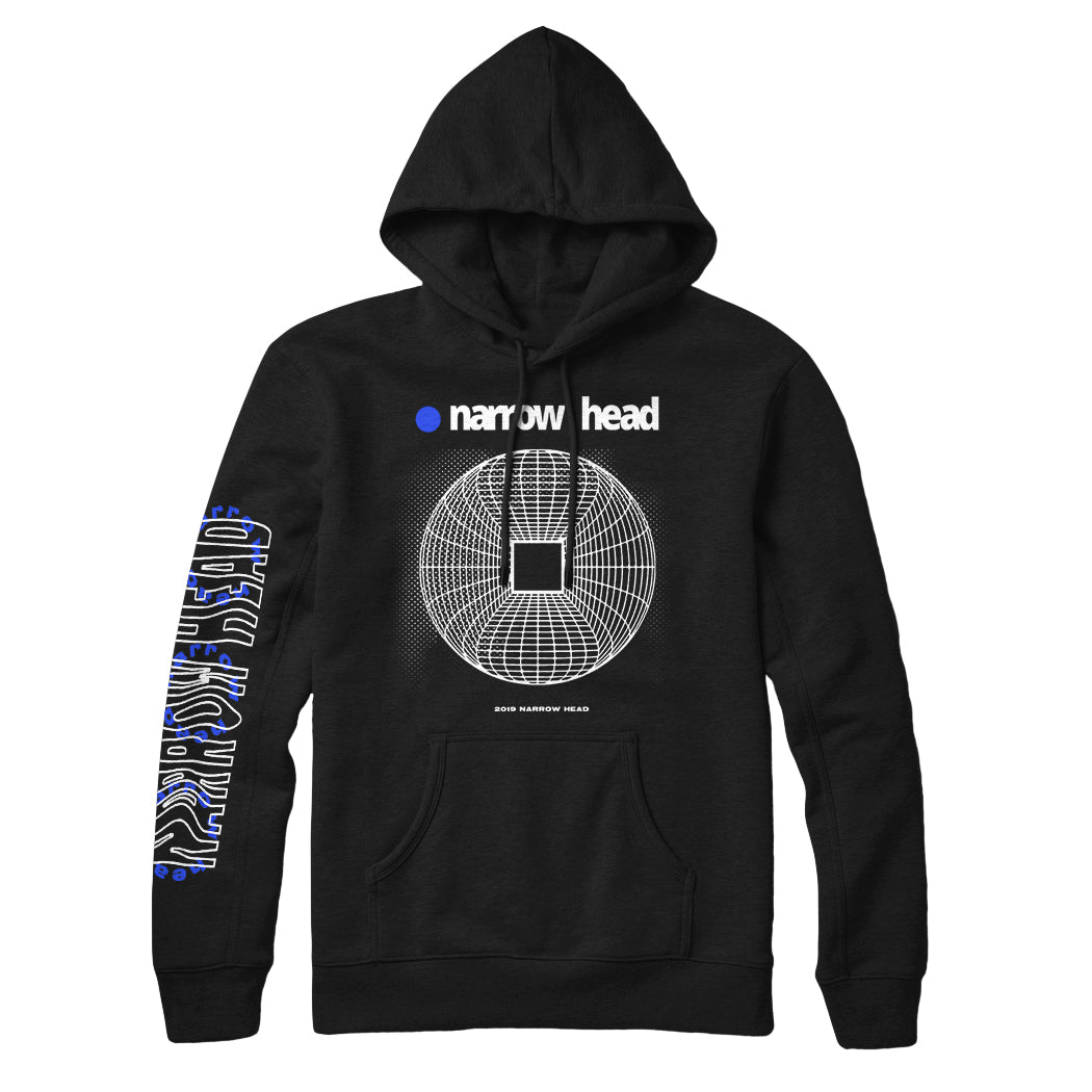 Narrow Head black hoodie with a white wireframe sphere and narrow head text on the front. Features pill-resistant, pre-shrunk fleece, wavy blue and white NARROW HEAD sleeve graphic, front pocket, and hood.