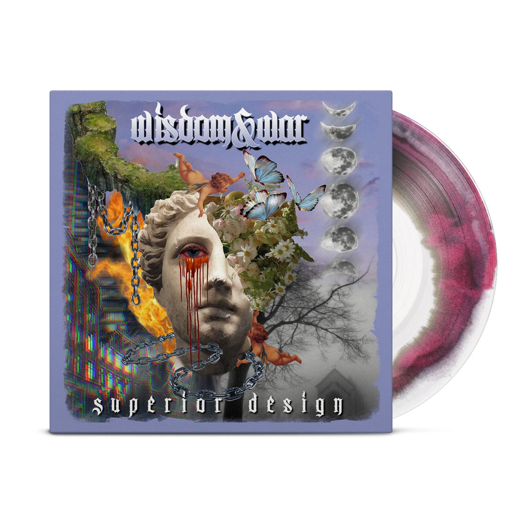 Wisdom & War vinyl record featuring an album cover with a classical statue head partly covered in flowers, butterflies, and birds. Red paint streams from one eye amid a background of tree branches, chains, moons, and clouds for a moody effect.
