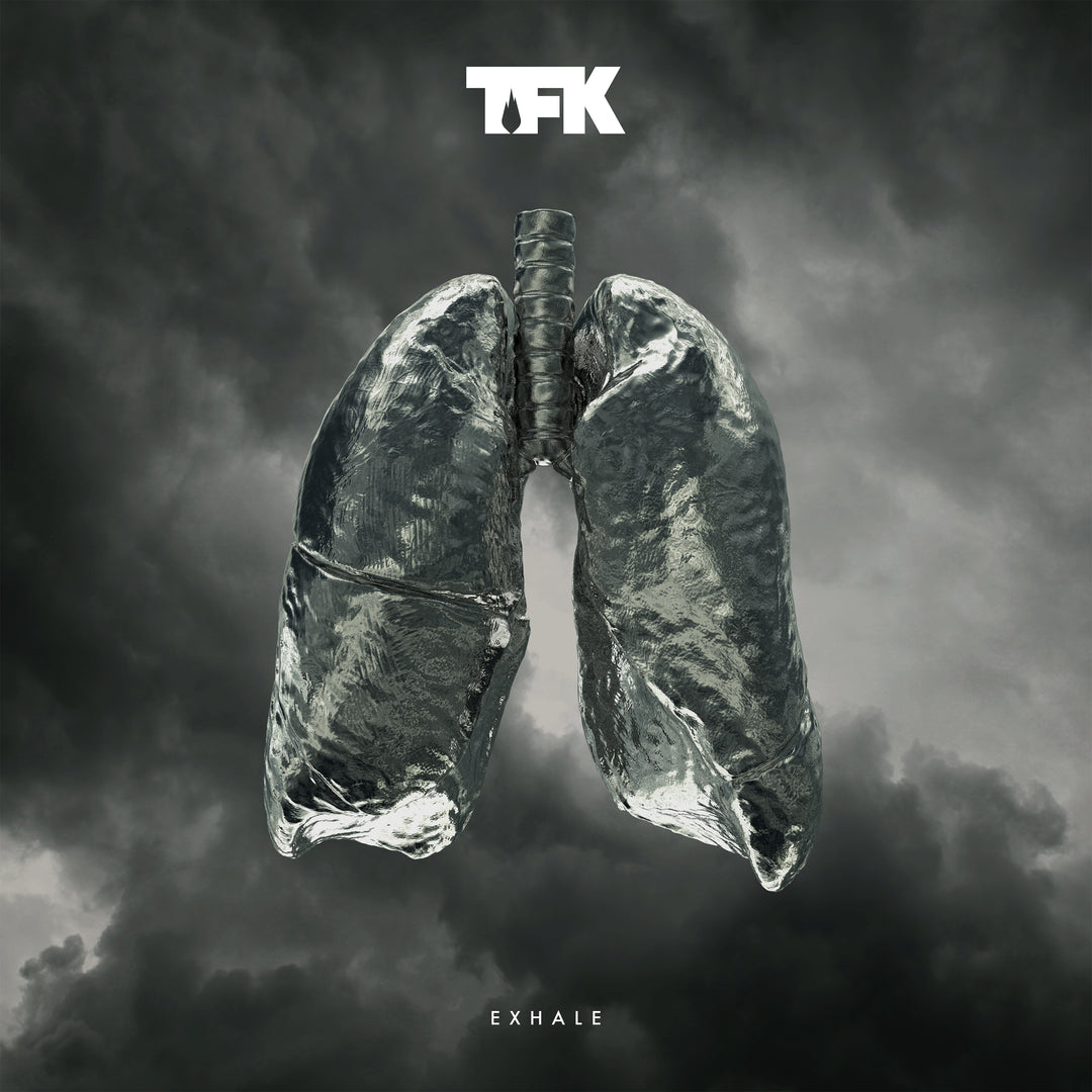 Metallic lungs centered against a dark, cloudy sky. “Thousand Foot Krutch” at the top, “EXHALE” at the bottom, creating a dramatic, intense atmosphere pulsing with adrenaline.