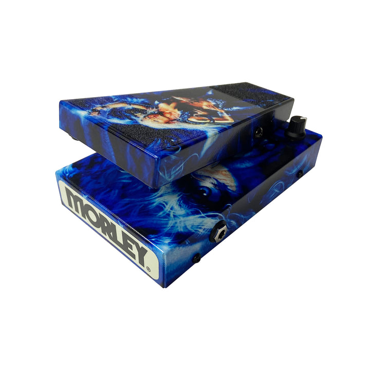 A Doro Limited Edition Custom Shop Wah Pedal with blue stylized face artwork, shown partially open on a white background—created to commemorate the Doro 30th Anniversary.
