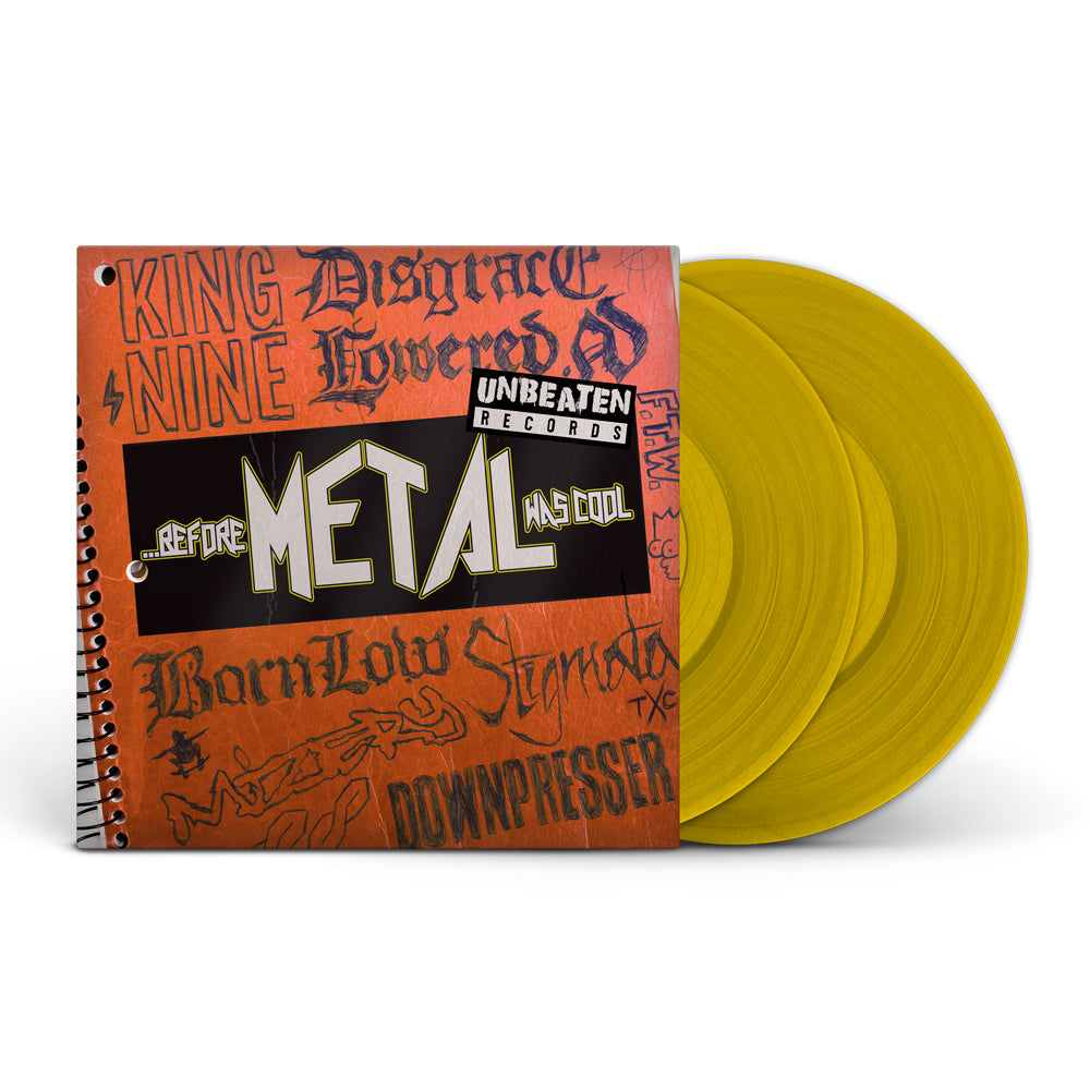 Two limited edition gold vinyl records partially slide out of a red Unbeaten Records album cover featuring black graffiti-style band names and the title Before Metal Was Cool in bold white and yellow letters.