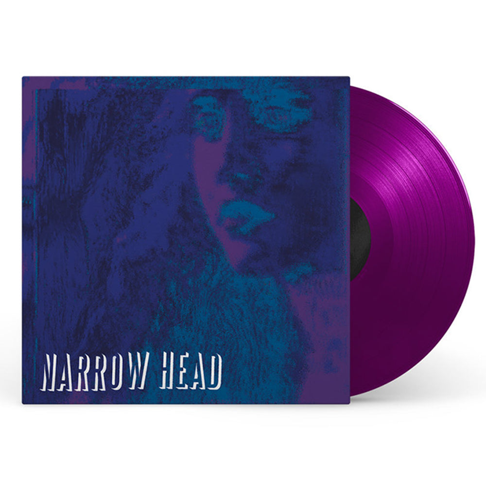 A purple vinyl record by Narrow Head partially slides out of its sleeve, which displays abstract blue and purple face artwork, bold white NARROW HEAD text at the bottom, and includes tracks like Necrosis.