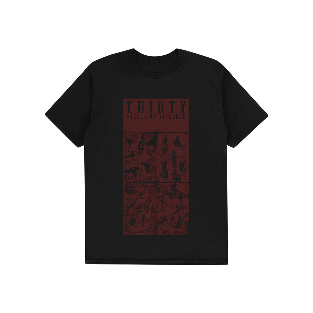 Black t-shirt by Thirty Nights of Violence made from soft ring-spun cotton, featuring a dark red graphic with various illustrations and THIRTY NIGHTS OF VIOLENCE text on the front. Ideal for Comfort Colors T-Shirt fans.